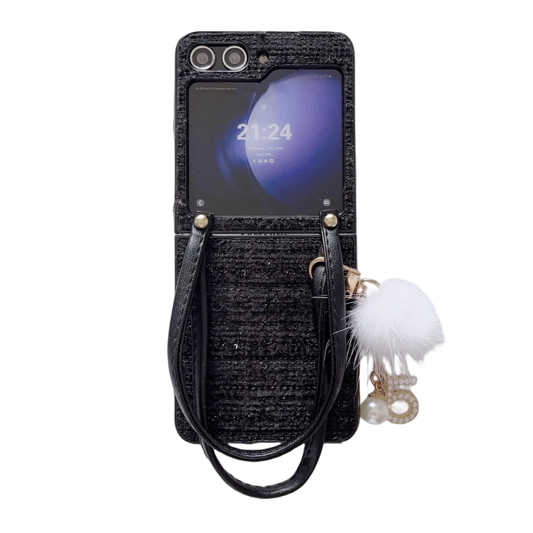 

For Samsung Galaxy Z Flip6 Handbag Design Plush Ball Plaid Fabric PC Phone Case(Black)