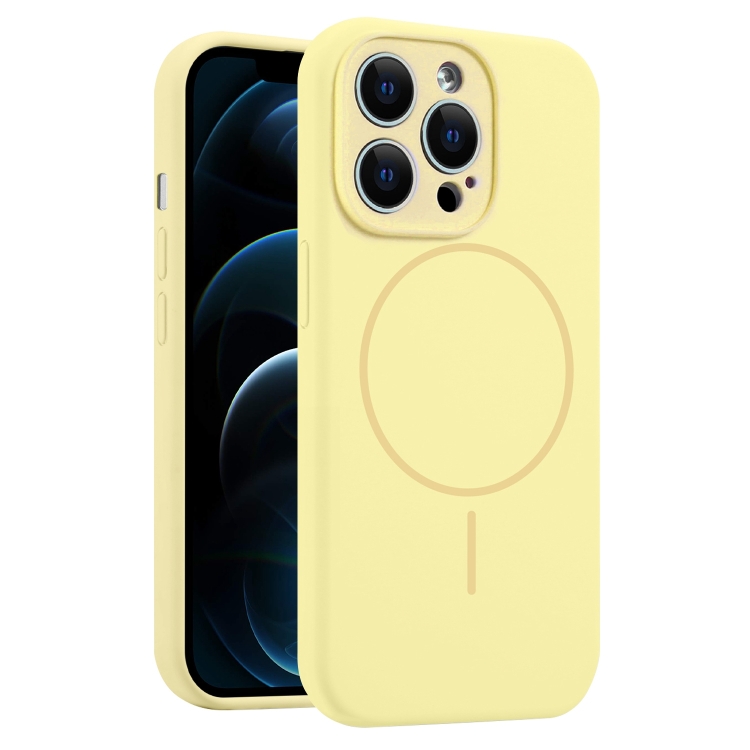 

For iPhone 12 Pro Max Fine Hole Liquid Silicone MagSafe Phone Case(Yellow)