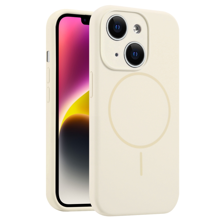 

For iPhone 14 Plus Fine Hole Liquid Silicone MagSafe Phone Case(Cream Yellow)