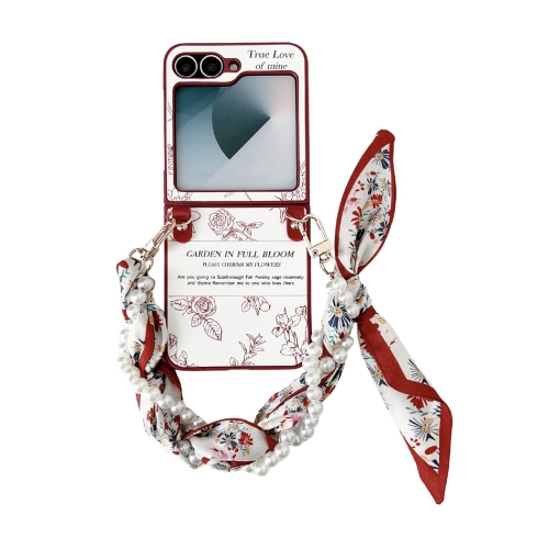 

For Samsung Galaxy Z Flip6 Sketch Flower Pattern Phone Case with Scarf Bracelet(Rose)