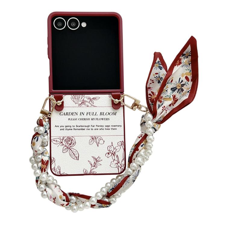 

For Samsung Galaxy Z Flip7 5G Sketch Flower Pattern Phone Case with Scarf Bracelet(Rose)