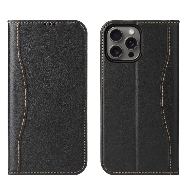 

For iPhone 16 Pro Fierre Shann Cowhide Leather Flip Leather Phone Case(Black)