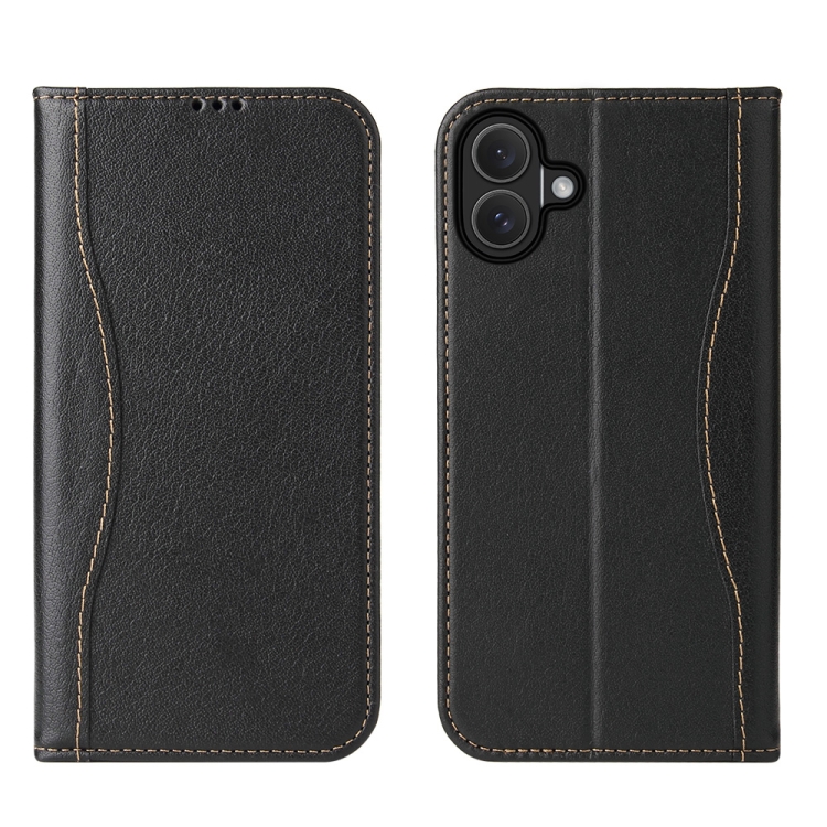 

For iPhone 16 Plus Fierre Shann Cowhide Leather Flip Leather Phone Case(Black)