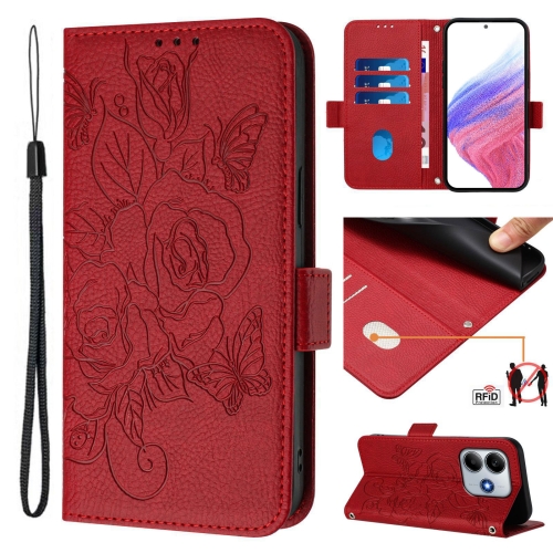 

For Redmi Note 14 5G Embossed Rose RFID Anti-theft Leather Phone Case(Red)