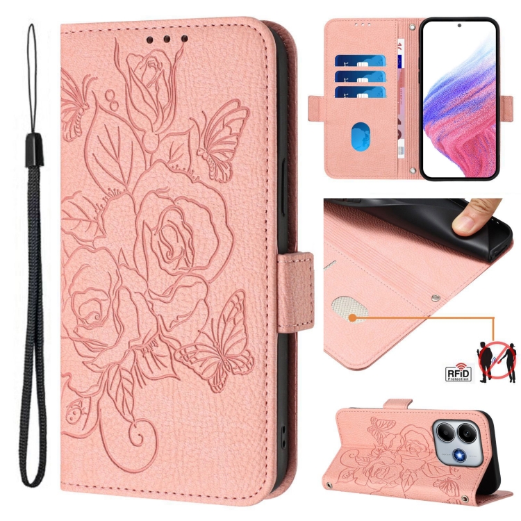 

For Redmi Note 14 5G Embossed Rose RFID Anti-theft Leather Phone Case(Pink)