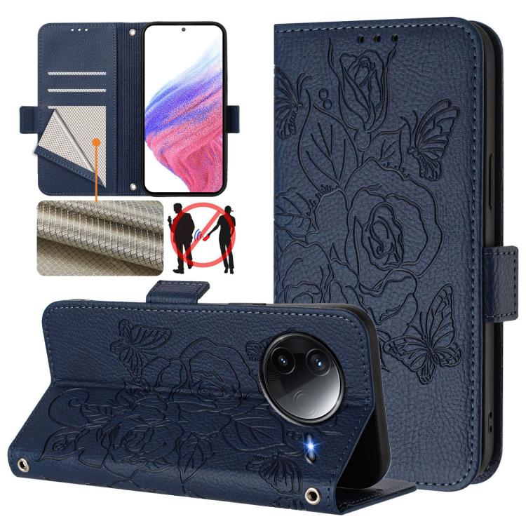 

For Redmi K80 5G / K80 Pro 5G Embossed Rose RFID Anti-theft Leather Phone Case(Dark Blue)