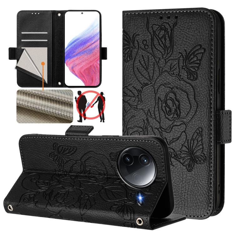 

For Redmi K80 5G / K80 Pro 5G Embossed Rose RFID Anti-theft Leather Phone Case(Black)