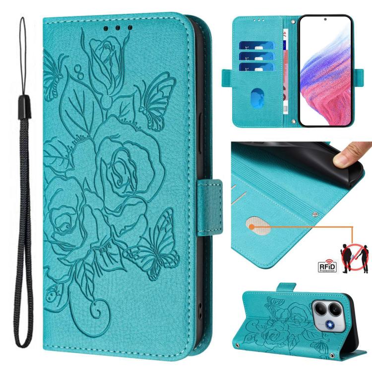 

For Redmi Note 14 4G 163.25mm Embossed Rose RFID Anti-theft Leather Phone Case(Light Blue)