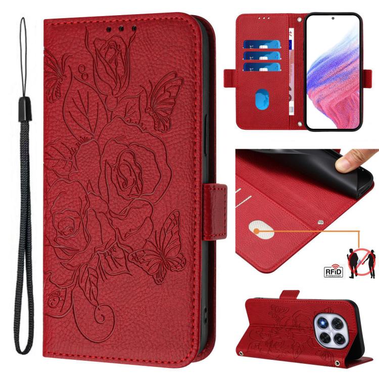 

For Redmi Note 14 Pro 4G Embossed Rose RFID Anti-theft Leather Phone Case(Red)