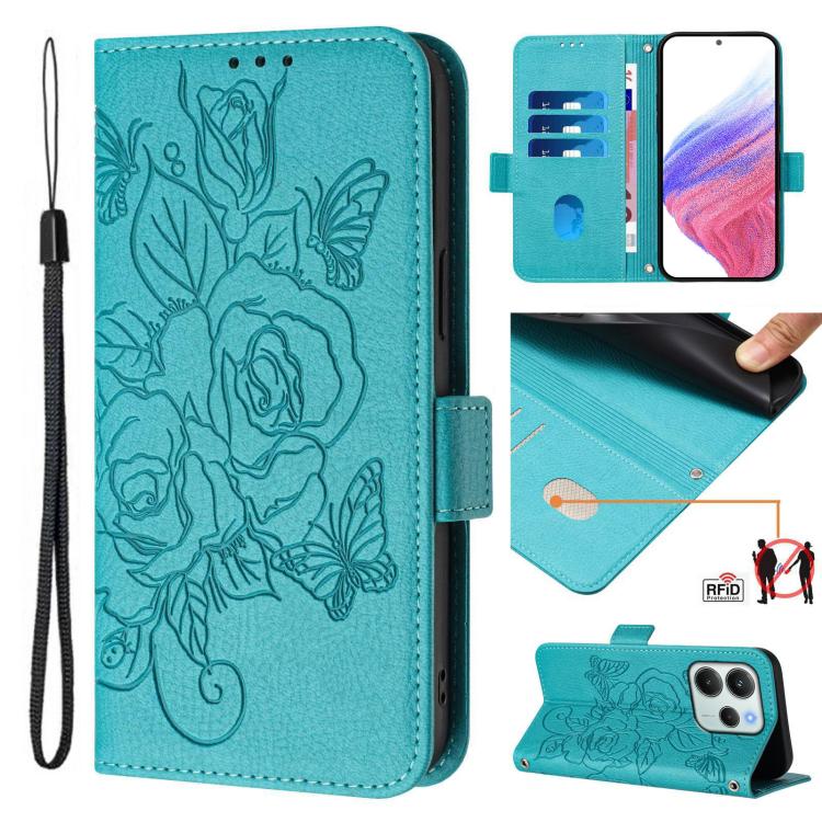 For Redmi Note 14 4G 164.84mm EU Version Embossed Rose RFID Anti-theft Leather Phone Case(Light Blue)