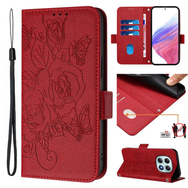 

For Redmi Note 15 5G Global 164mm Embossed Rose RFID Anti-theft Leather Phone Case(Red)