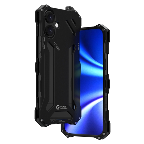 

For iPhone 16 Plus R-JUST RJ-17 Shockproof Armor Hollow Metal Phone Case(Black)