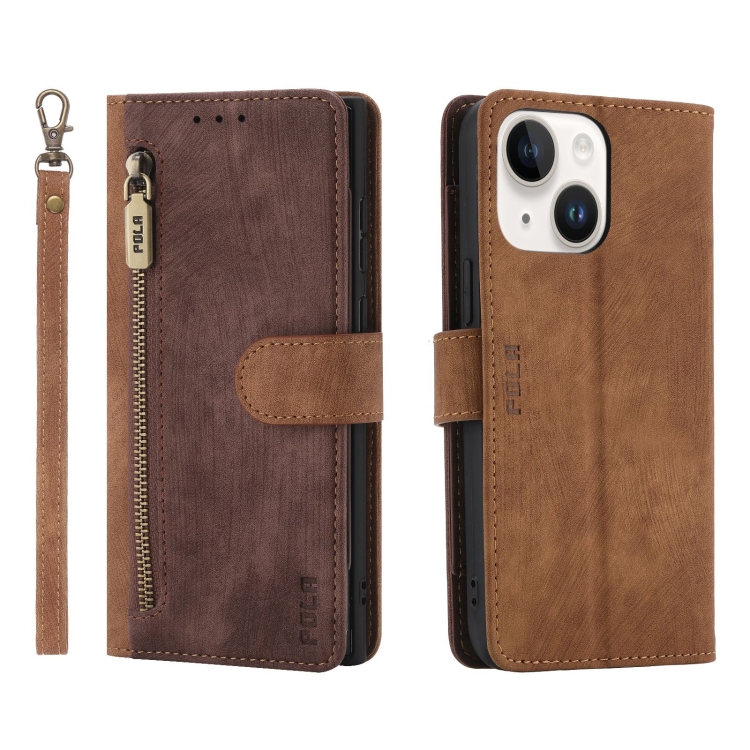 For iPhone 15 Plus POLA Dual-color Zipper Wallet RFID Leather