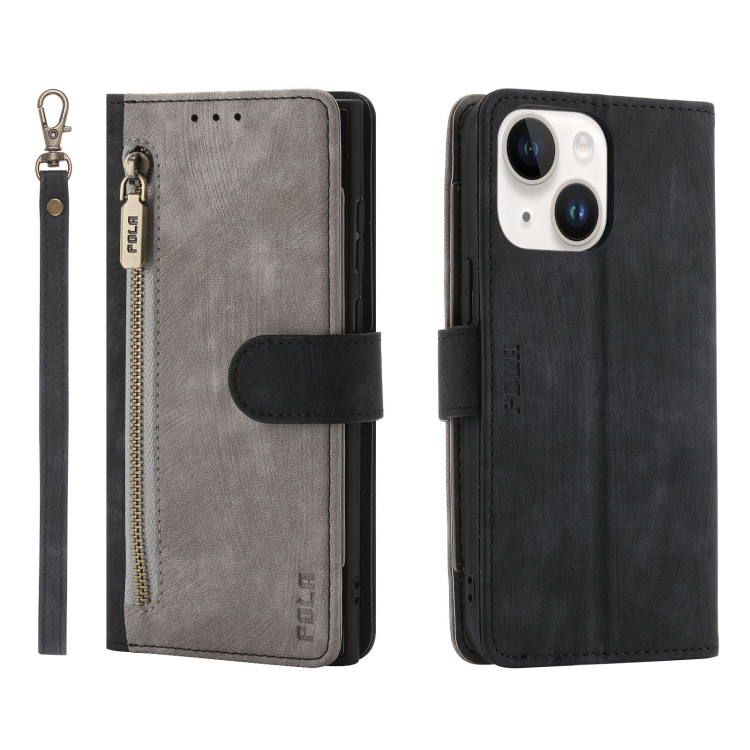 For iPhone 14 POLA Dual-color Zipper Wallet RFID Leather Phone