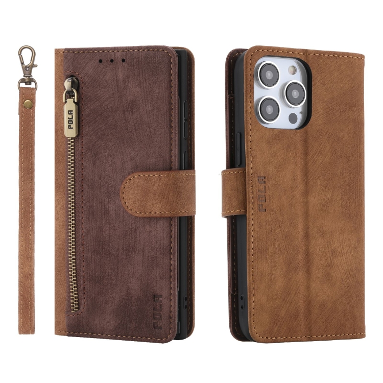 For iPhone 12 Pro Max POLA Dual-color Zipper Wallet RFID Leather
