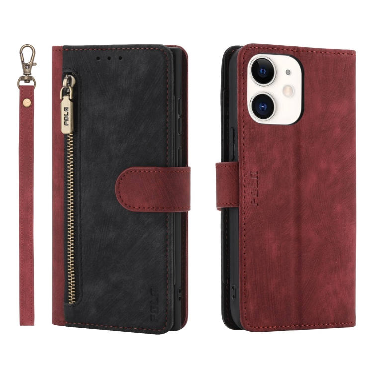 For iPhone 11 POLA Dual-color Zipper Wallet RFID Leather Phone
