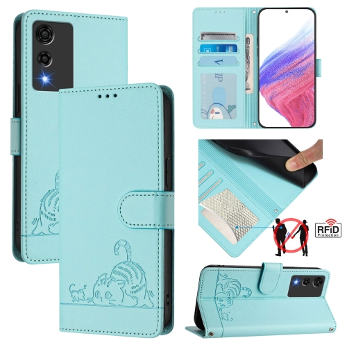 

For Cubot A10 Cat Rat Embossed Pattern RFID Leather Phone Case with Lanyard(Mint Green)