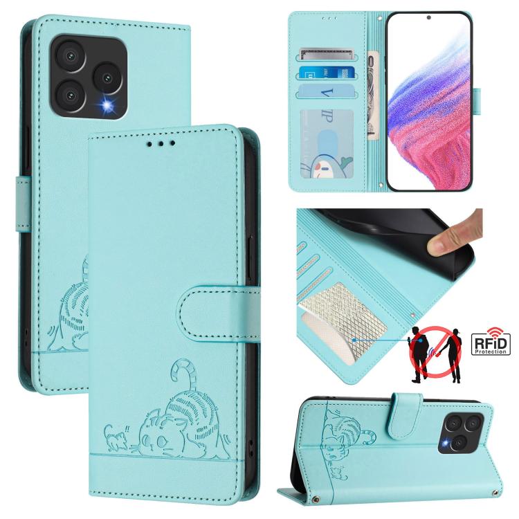 

For Cubot A40 Cat Rat Embossed Pattern RFID Leather Phone Case with Lanyard(Mint Green)