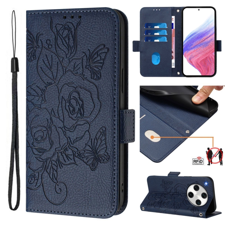 

For OPPO Find X8 Pro Embossed Rose RFID Anti-theft Leather Phone Case(Dark Blue)