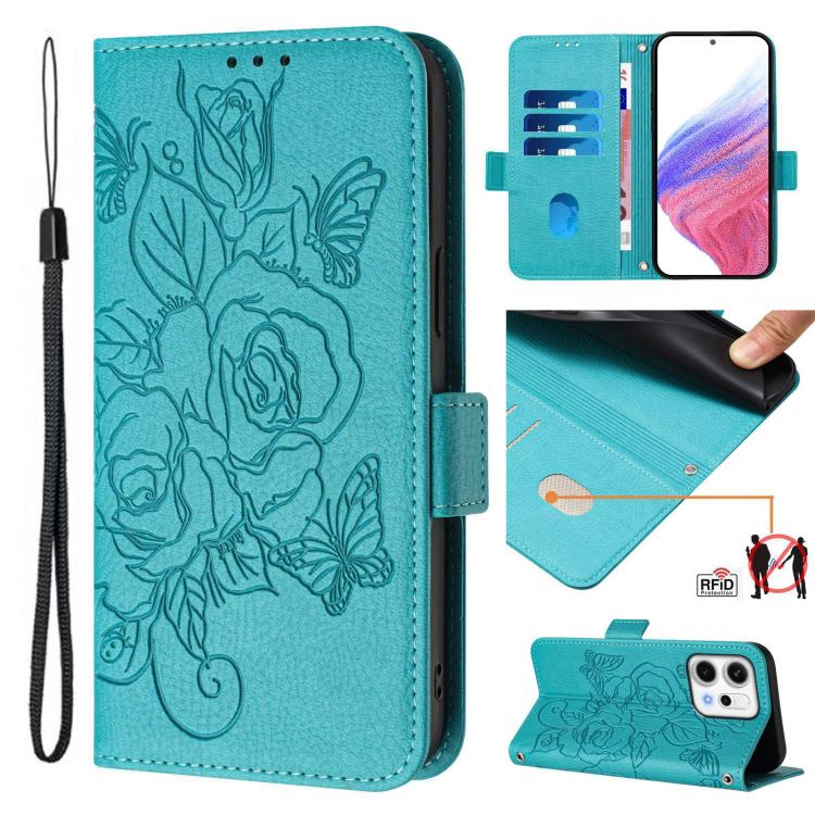 

For OPPO Reno14 Global Embossed Rose RFID Anti-theft Leather Phone Case(Light Blue)