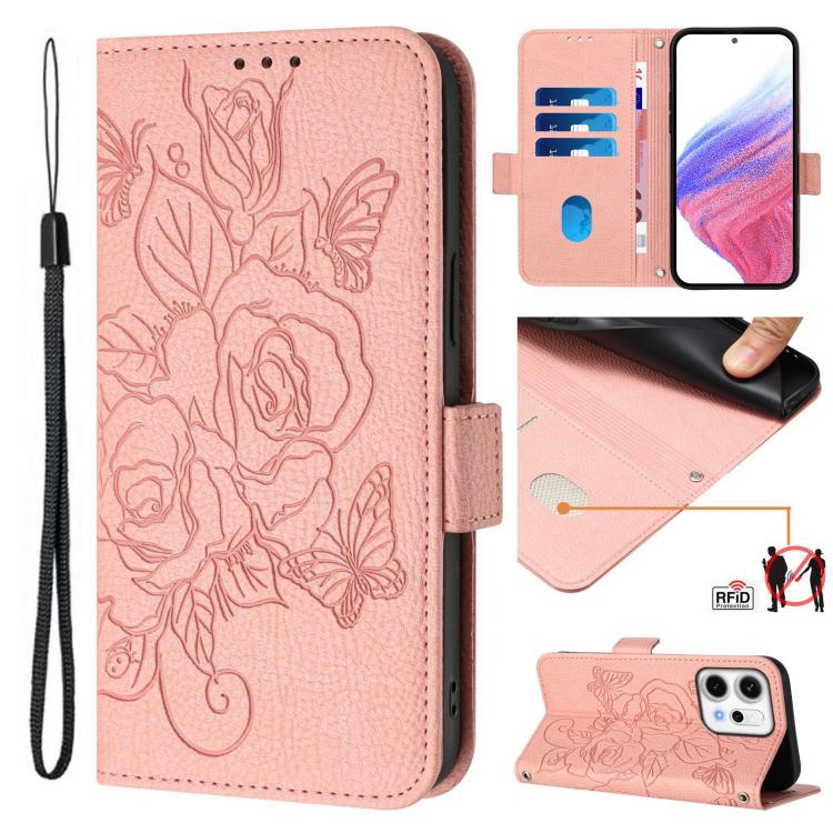 

For OPPO Reno14 Pro Global Embossed Rose RFID Anti-theft Leather Phone Case(Pink)