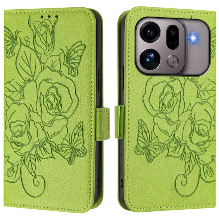 

For OPPO Find X9s Pro 5G Embossed Rose RFID Anti-theft Leather Phone Case(Green)