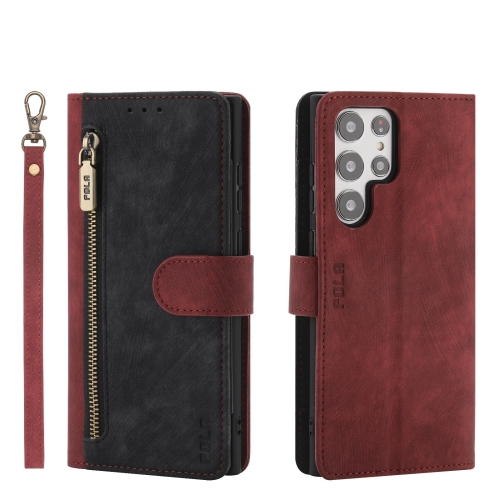 

For Samsung Galaxy S22 Ultra 5G POLA Dual-color Zipper Wallet RFID Leather Phone Case(Red Black)