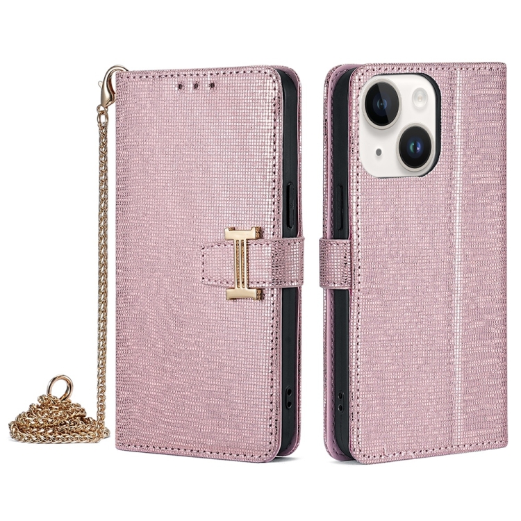 

For iPhone 14 Plus POLA Crossbody Chain I-Shape Buckle Sequins Leather Phone Case(Rose Gold)