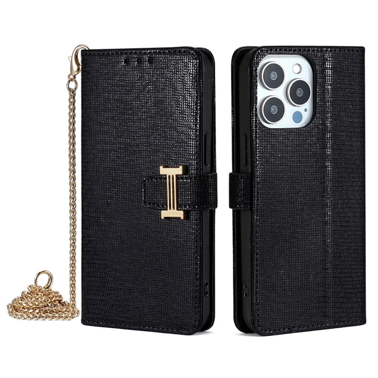

For iPhone 13 Pro POLA Crossbody Chain I-Shape Buckle Sequins Leather Phone Case(Black)
