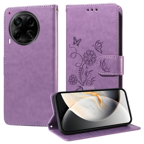 

For Tecno Camon 30S / Camon 30S Pro Embossed Butterfly Flowers Leather Phone Case(Purple)