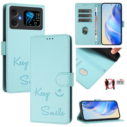 

For Cubot A20 Smile Embossing RFID Leather Phone Case(Mint Green)