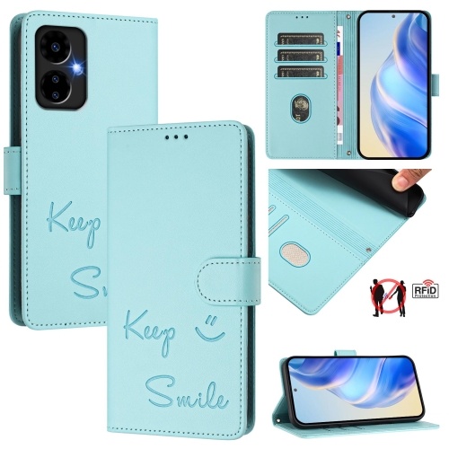 

For Boost Mobile Celero 5G 2024 Smile Embossing RFID Leather Phone Case(Mint Green)