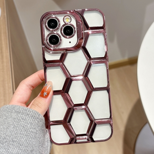 

For iPhone 11 Pro Electroplating Laser Engraving 3D Honeycomb Clear TPU Phone Case(Pink)