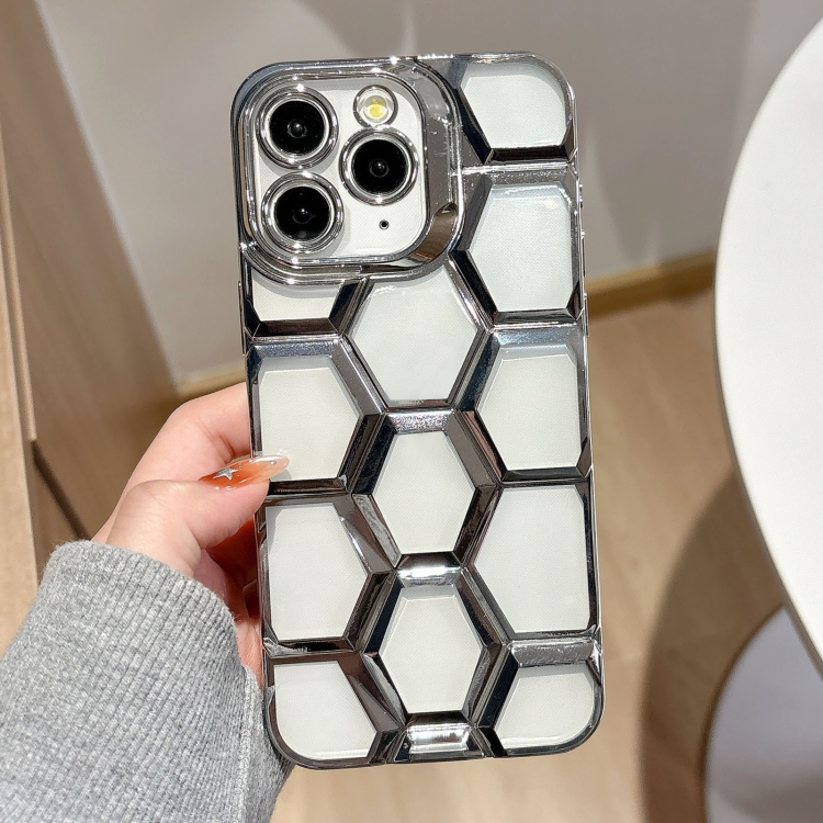 

For iPhone 11 Pro Max Electroplating Laser Engraving 3D Honeycomb Clear TPU Phone Case(Silver)