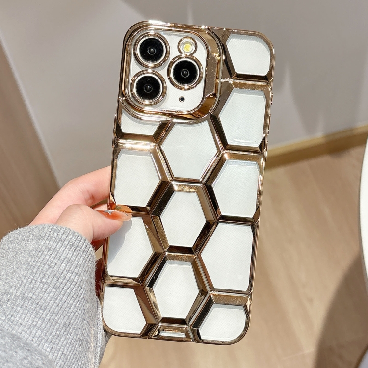 

For iPhone 11 Pro Max Electroplating Laser Engraving 3D Honeycomb Clear TPU Phone Case(Gold)