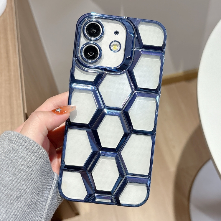 

For iPhone 12 Electroplating Laser Engraving 3D Honeycomb Clear TPU Phone Case(Blue)
