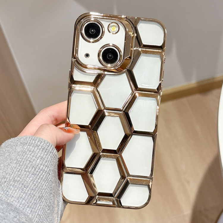 

For iPhone 14 Electroplating Laser Engraving 3D Honeycomb Clear TPU Phone Case(Gold)