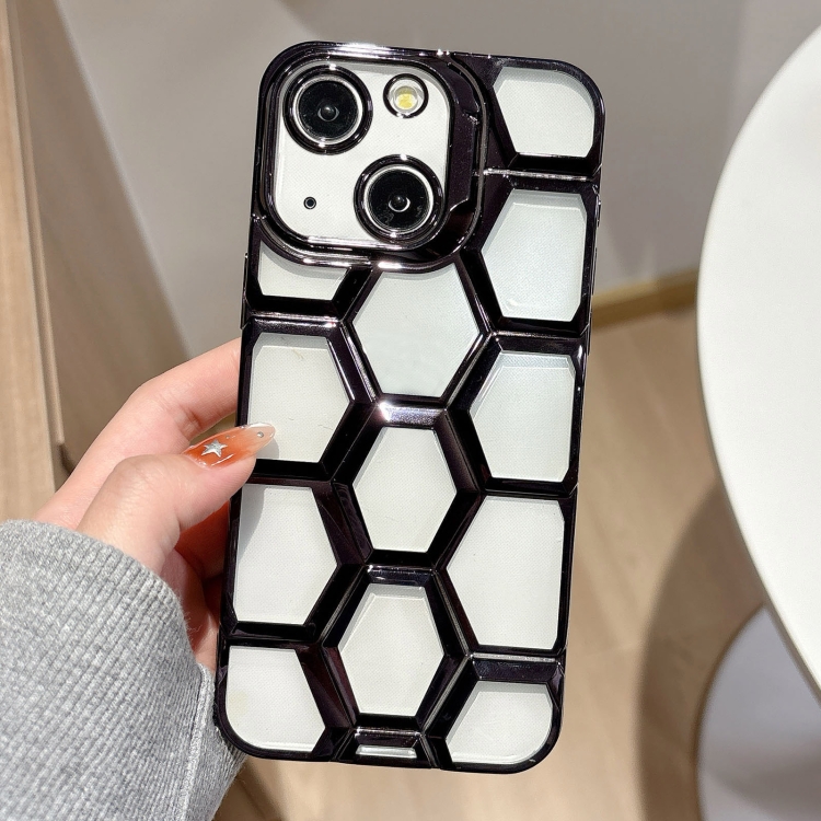 

For iPhone 15 Electroplating Laser Engraving 3D Honeycomb Clear TPU Phone Case(Black)