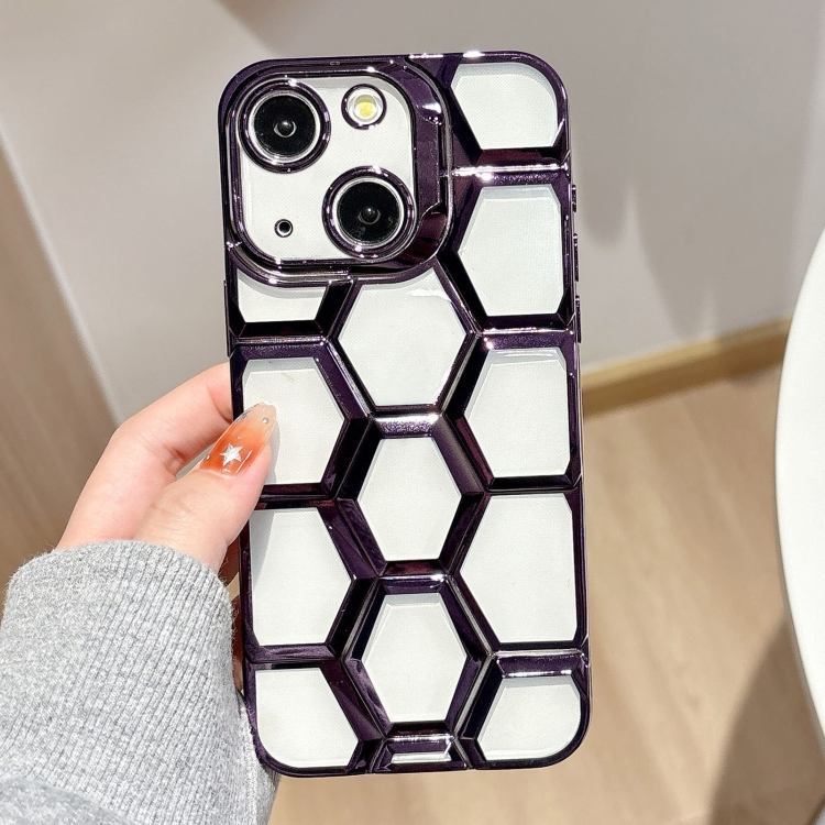 

For iPhone 15 Electroplating Laser Engraving 3D Honeycomb Clear TPU Phone Case(Purple)