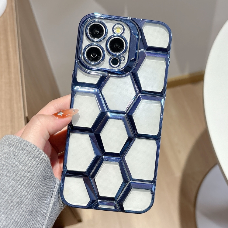 

For iPhone 15 Pro Electroplating Laser Engraving 3D Honeycomb Clear TPU Phone Case(Blue)