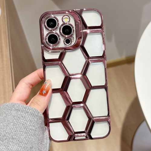 

For iPhone 15 Pro Max Electroplating Laser Engraving 3D Honeycomb Clear TPU Phone Case(Pink)