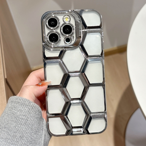 

For iPhone 16 Pro Electroplating Laser Engraving 3D Honeycomb Clear TPU Phone Case(Silver)