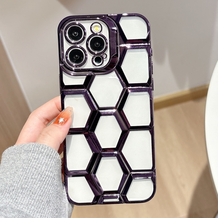

For iPhone 16 Pro Electroplating Laser Engraving 3D Honeycomb Clear TPU Phone Case(Purple)