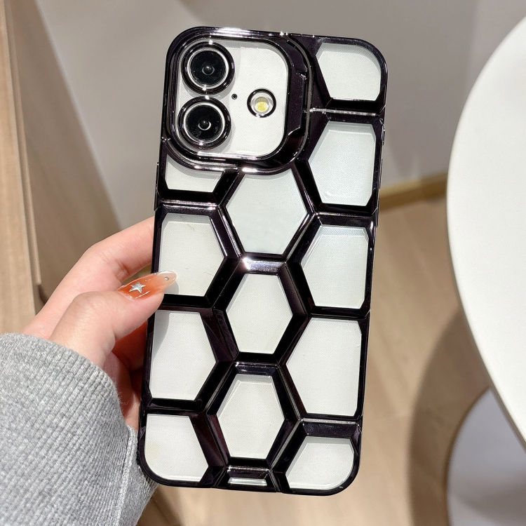 

For iPhone 16 Plus Electroplating Laser Engraving 3D Honeycomb Clear TPU Phone Case(Black)