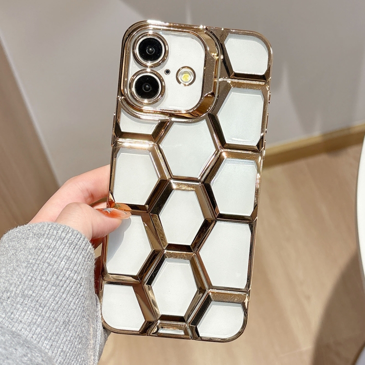

For iPhone 16 Plus Electroplating Laser Engraving 3D Honeycomb Clear TPU Phone Case(Gold)