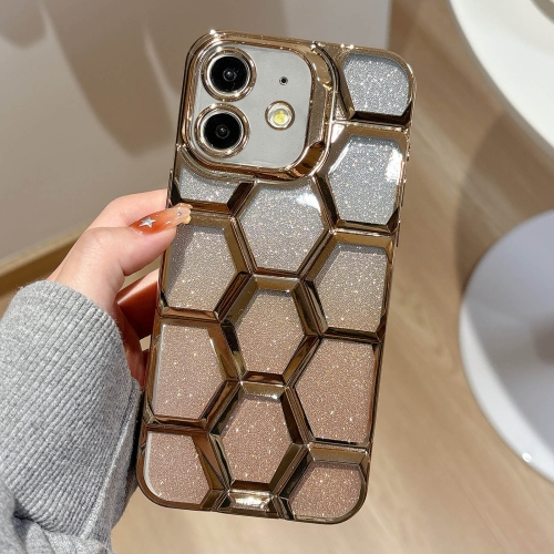 

For iPhone 11 Electroplating Laser Engraving 3D Honeycomb Glitter TPU Phone Case(Gold)