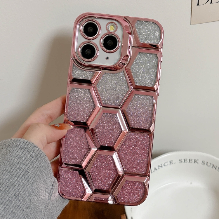

For iPhone 11 Pro Electroplating Laser Engraving 3D Honeycomb Glitter TPU Phone Case(Pink)