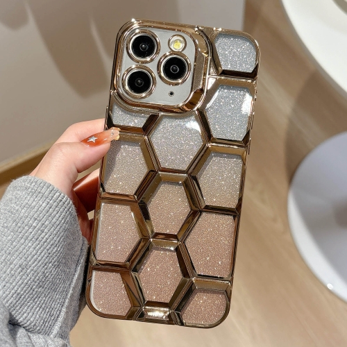 

For iPhone 11 Pro Max Electroplating Laser Engraving 3D Honeycomb Glitter TPU Phone Case(Gold)