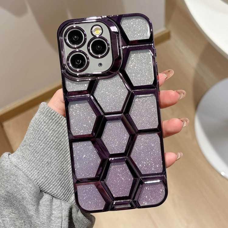 

For iPhone 11 Pro Max Electroplating Laser Engraving 3D Honeycomb Glitter TPU Phone Case(Purple)