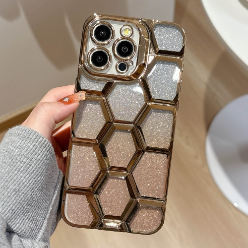 

For iPhone 12 Pro Max Electroplating Laser Engraving 3D Honeycomb Glitter TPU Phone Case(Gold)